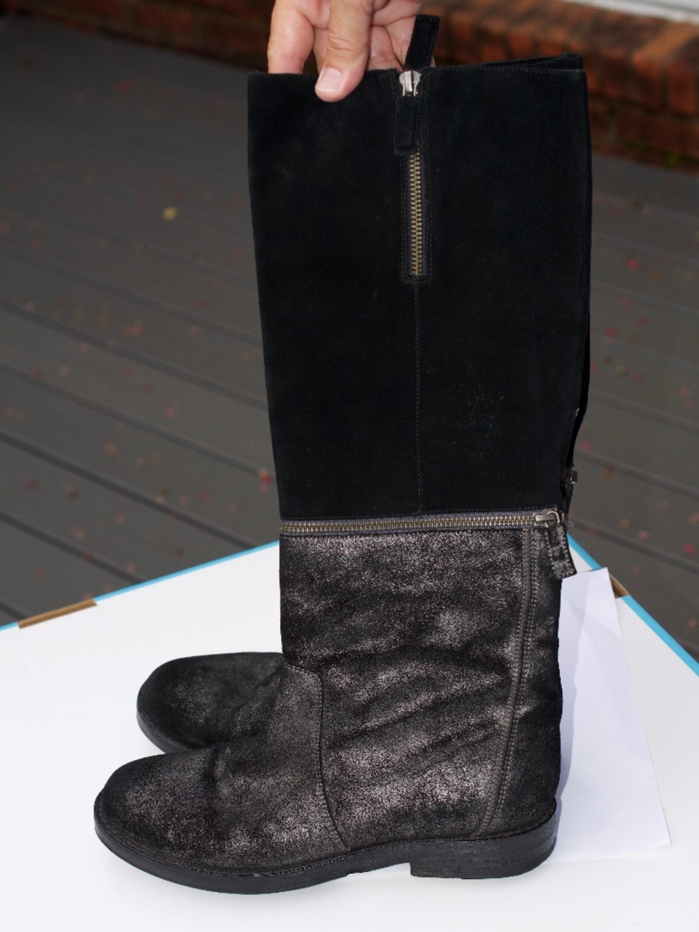 Eileen Fisher Suede Knee High Switch Zip Off Boots Black Metallic Size 8 1/2